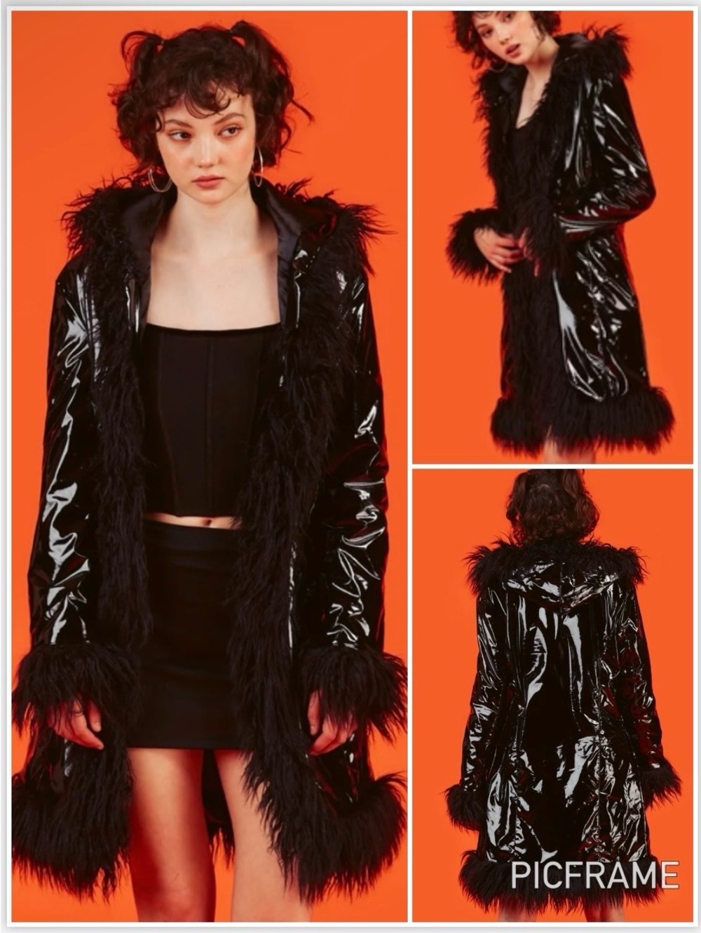 UNIF Imp Coat Glossy Vinyl Faux Fur Trim Hooded Jacket Black Medium Whimsigoth - Picture 2 of 16